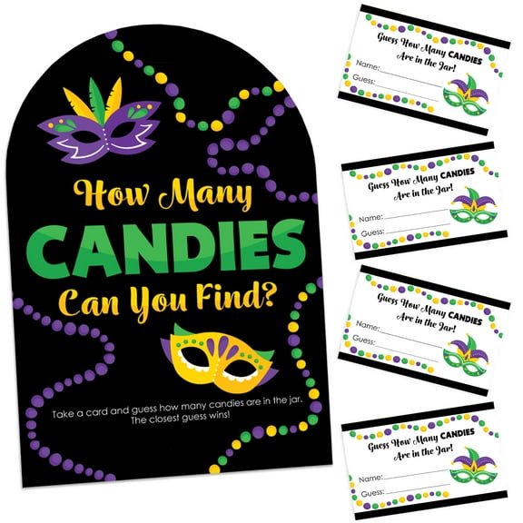 Big Dot of Happiness Colorful Mardi Gras Mask - How Many Candies Masquerade Party Game - 1 Stand and 40 Cards - Candy Guessing Game
