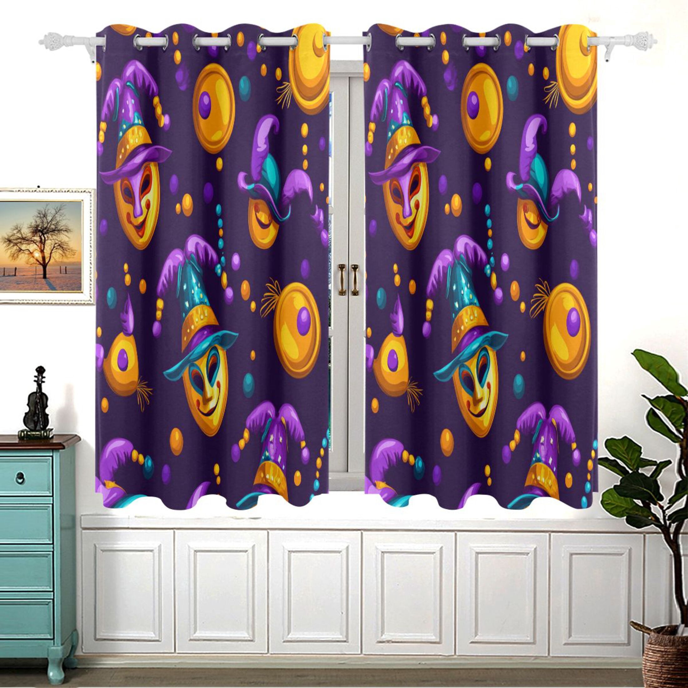 Colorful Mardi Gras Masks and Beads Blackout Curtains for Living Room Bedroom 55W x 54L Insulated Window Drapes 2 Panels