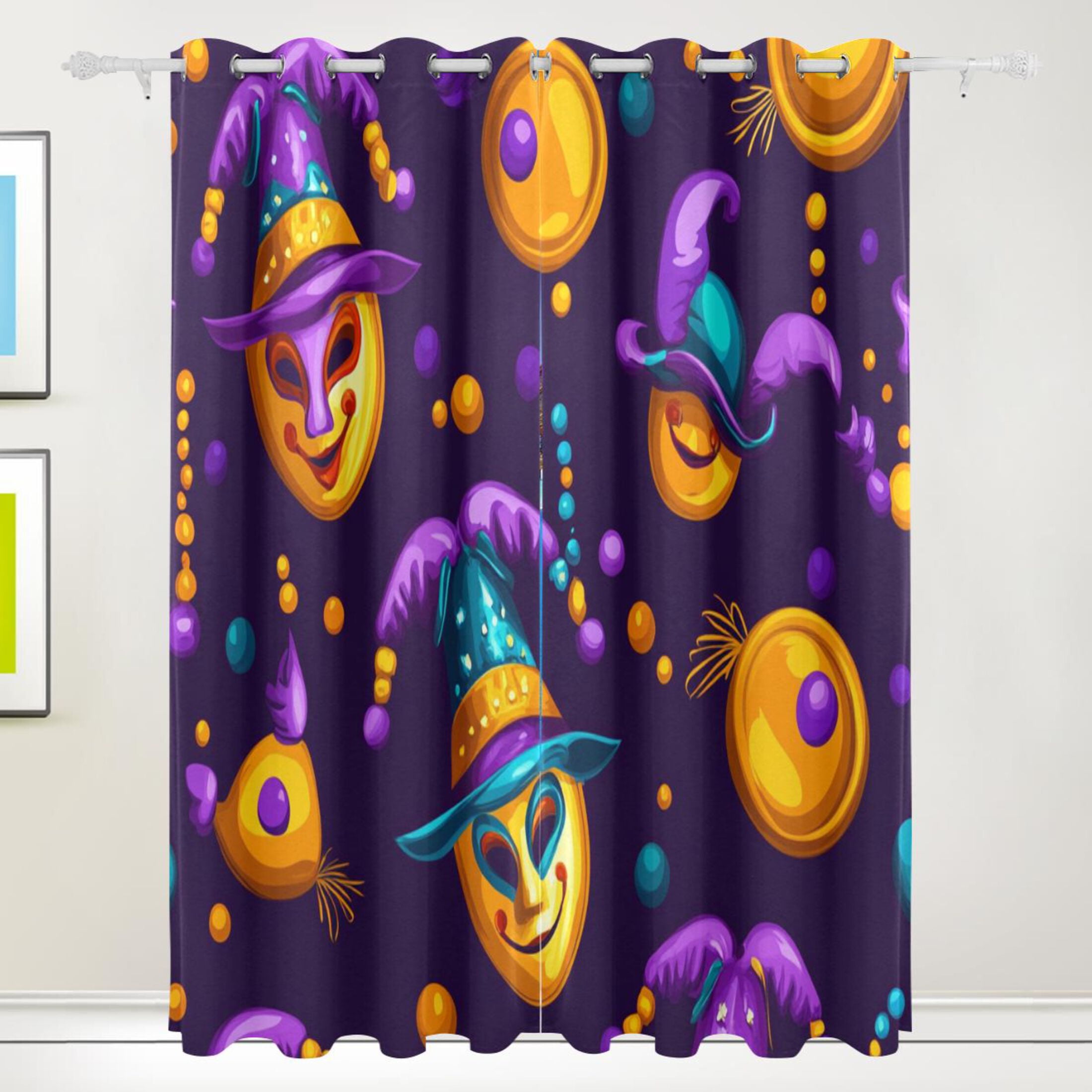Colorful Mardi Gras Masks and Beads Blackout Curtains for Living Room Bedroom 55W x 72/84L Insulated Window Drapes 2 Panels