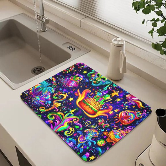 Colorful Mardi Gras Pattern Dish Drying Mat for Kitchen Counter Absorbent Drainer Mats (15.7X11.8Inch)