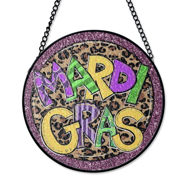 Colorful Mardi Gras Stained Glass Style Suncatcher, UV Printed Glass, Carnival Festival Holiday Decor, Round