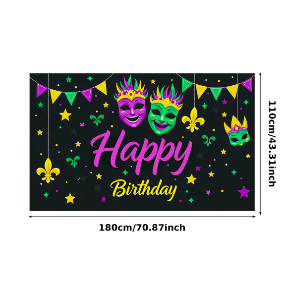 Colorful Mardi Gras Themed Happy Birthday Banner with Mask Feather and Star Elements Party Backdrop Decoration for Birthday Parties Photography Props and Home Decorations
