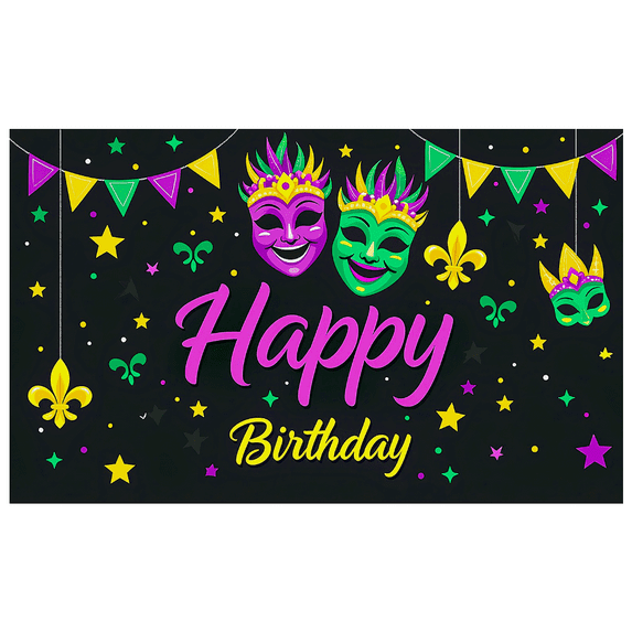 Colorful Mardi Gras Themed Happy Birthday Banner with Mask Feather and Star Elements Party Backdrop Decoration for Birthday Parties Photography Props and Home Decorations