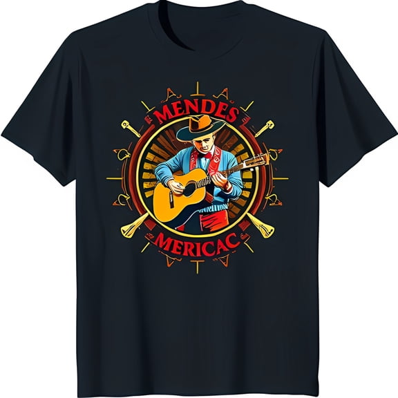 Colorful Mariachi Guitarist Graphic Black T-Shirt Vintage 'Mendes' & 'Mericac' Design