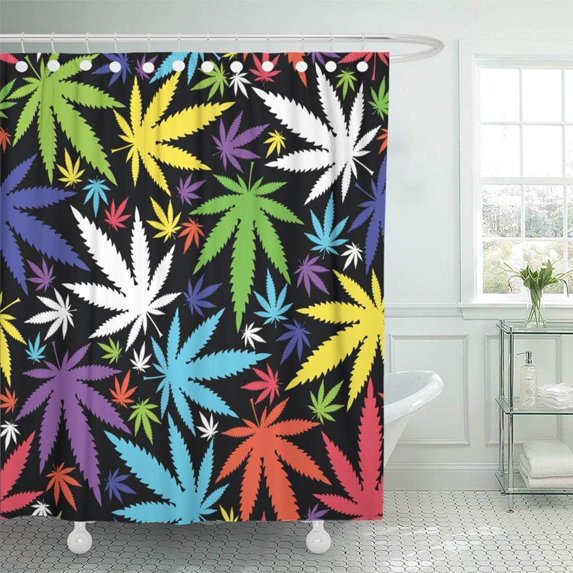 Colorful Marijuana Cannabis Leafs Green Weed Hemp Floral Medical Autumn Drugs Shower Curtain Waterproof Bathroom Decor Polyester Fabric Curtain Sets with Hooks, 72x72 Inch