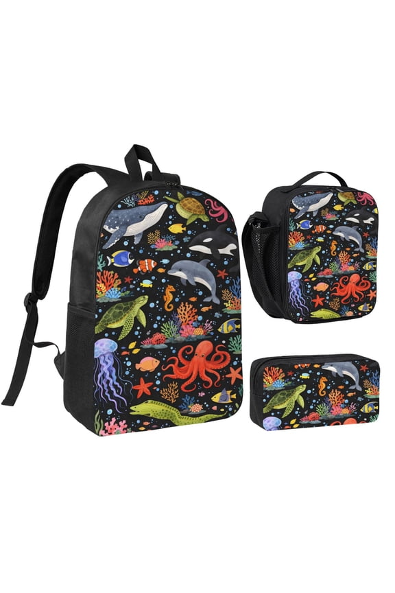 Colorful Marine Life Illustration Backpack Set 3pc ，Backpack with Lunch Bag and Bag 17 Inch
