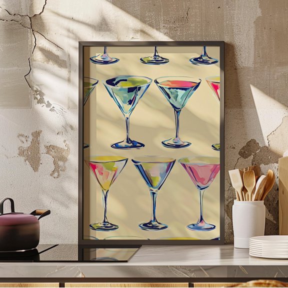 Colorful Martini Glass Wall Art Summer Bar Cart Decor, Unframed Canvas Size 8x12