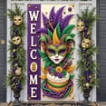 thumbnail image 1 of Colorful Mask Mardi Gras Banner Feather Adorned Carnival Display Purple Green Yellow Gold Accent Festive Backdrop for Carnival Party Mardi Gras Celebration Indoor Event, 1 of 9