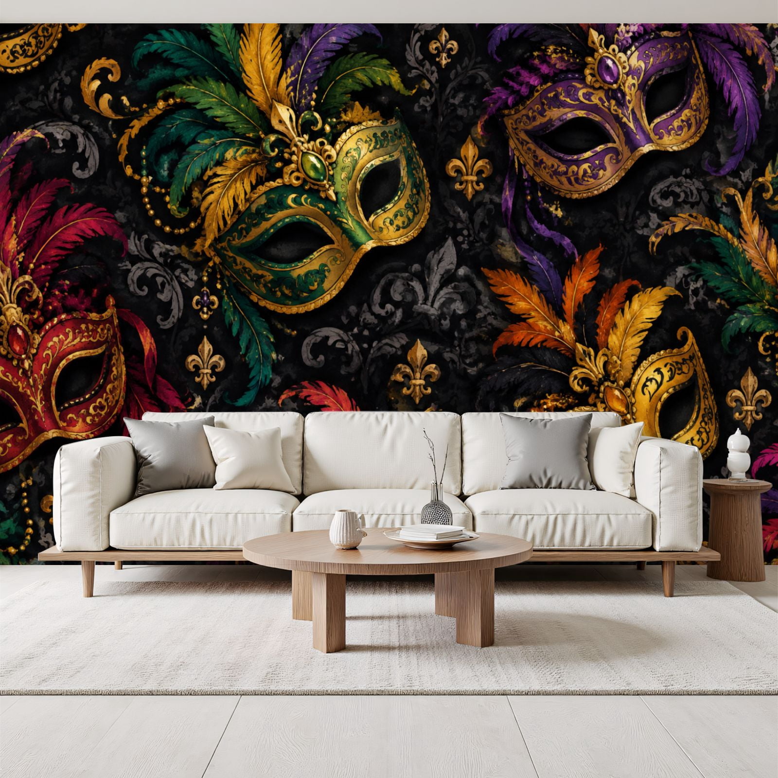 Colorful Masks Elegant Wallpaper Feathers Baroque Mardi Gras Decor Peel ...