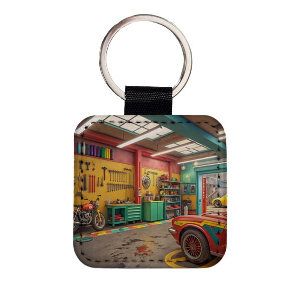 Colorful Mechanic's Garage Faux Leather Square Keychain