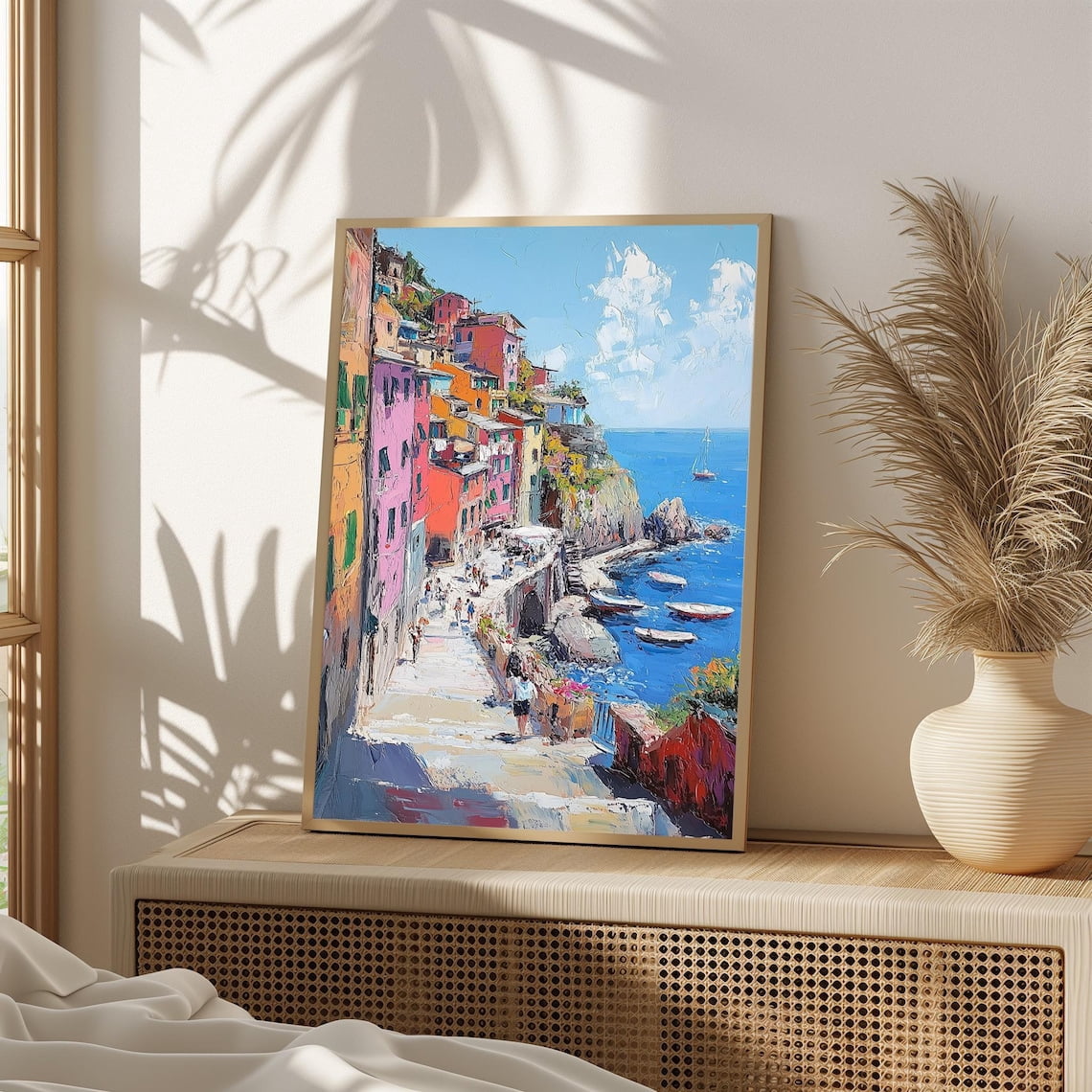 Colorful Mediterranean Coastal Town Wall Art Poster Vibrant Seaside ...