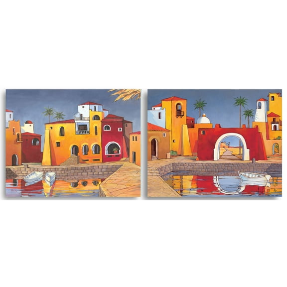 Colorful Mediterranean Oceanside Casitas; Two 14X11 Poster Prints