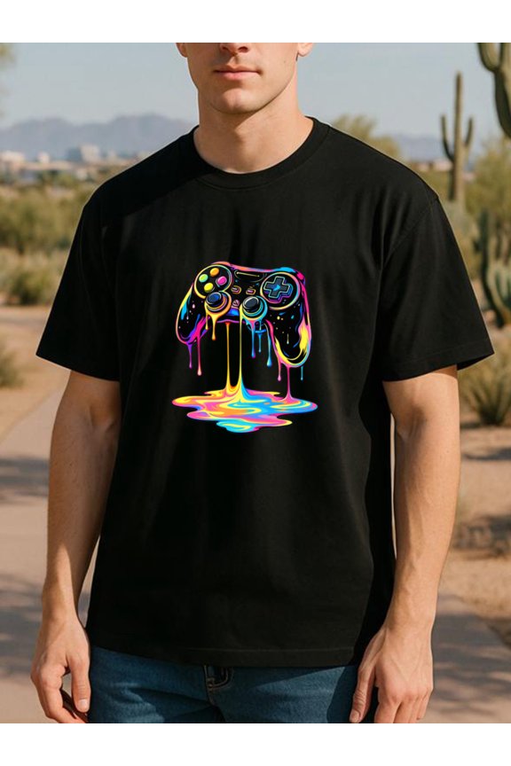Colorful Melting Game Controller Print | Cool and Trendy E-sports Style Round Neck T-shirt, Versatile Daily Top, Easy and Fashionable Men'S Wear, Casual Fit, Medium Stretch Fabric, All-season Wear