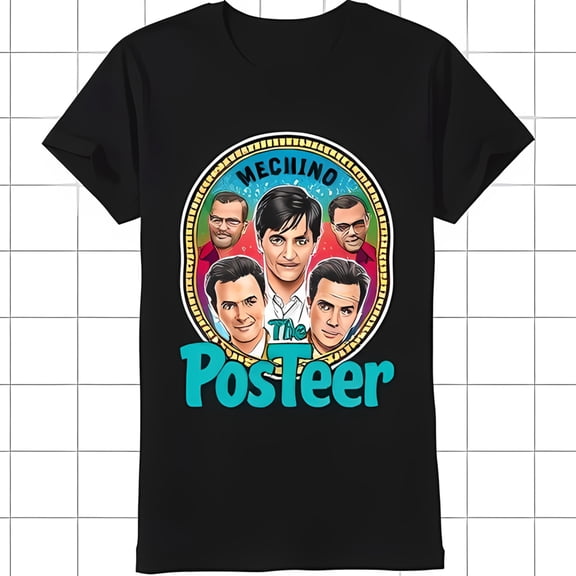 Colorful Men's Faces Graphic T-Shirt Design 'Mechiano' & 'The Posteer' Print Black Tee