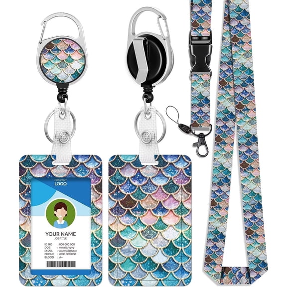 Colorful Mermaid ID Badge Holder with Lanyard, Cute Lanyards for ID Badges Key, Retractable Badge Reel with Carabiner Clip, Detachable Lanyard Name Card Tag ID Protector Badge Reel