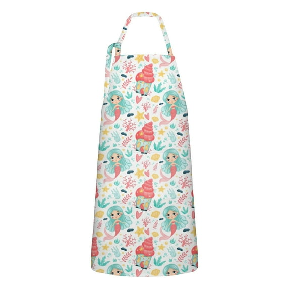 Colorful Mermaid Princess Pattern Apron-Garden Aprons for Women with Pockets-Cotton Linen Waterproof Kitchen Cooking Gardening Aprons Adjustable for Kitchen,Cooking,BBQ and Salon 33x27 Inch