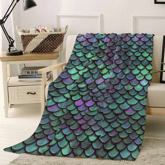 Colorful Mermaid Scales Ombre Texture Throw Flannel Blanket 50x80In Super Soft Cozy Bed Blanket, Lightweight Plush Fuzzy Bed Throw for Bedroom Sofa Couch Living Room