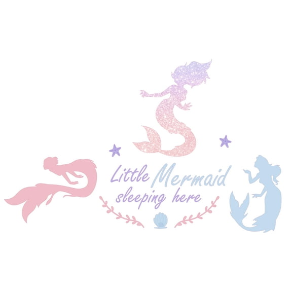Colorful Mermaid Silhouettes With Glittered Effect Kids Girls Bedroom 12" x 20" Vinyl Wall Decoration Little Mermaid Sleeping Here Quote Design Star Fish & Clam Shells Wall Decal Sticker
