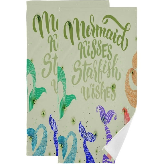 Colorful Mermaid Tail Hand Towels 2 PCS, Starlish Wishes Kitchen Towel Ultra Soft and Highly Absorbent,Decorative Fingertip Face Towel for Bathroom Hotel, 28.3"x14.4"