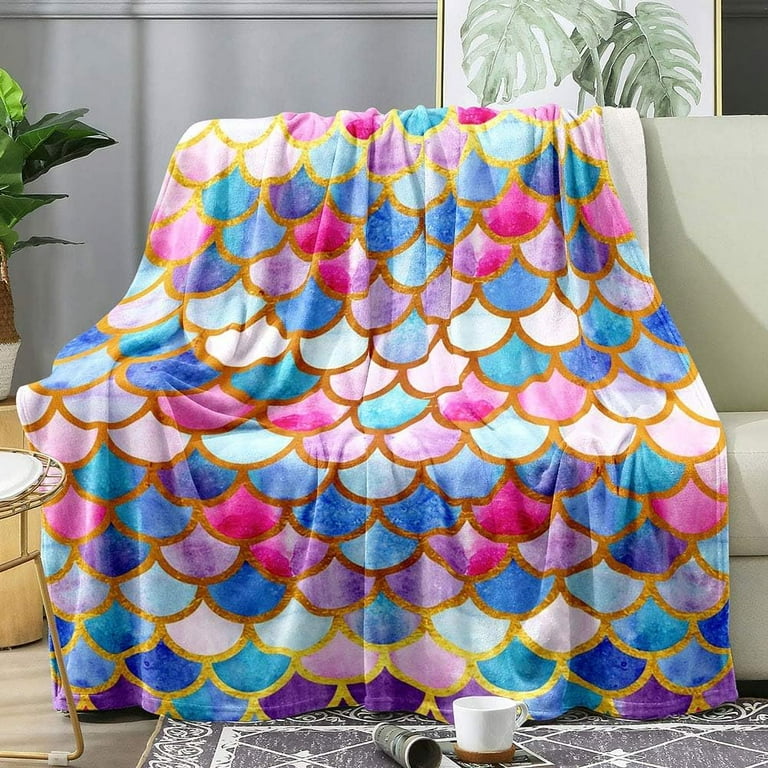 Colorful Mermaid Throw Blanket, Teal Blue Purple Pink Fish Scale