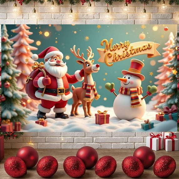 Colorful Merry Christmas Banner Golden Stars Christmas Display Festive Decor Cartoon Characters Xmas Backdrop for Christmas Party Holiday Celebration Indoor Decoration