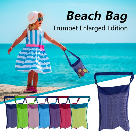 Colorful Mesh Beach Bag Adjustable Kids Quick Dry Net Tote for Seashell Collecting Sand Toy Swimming Accessories