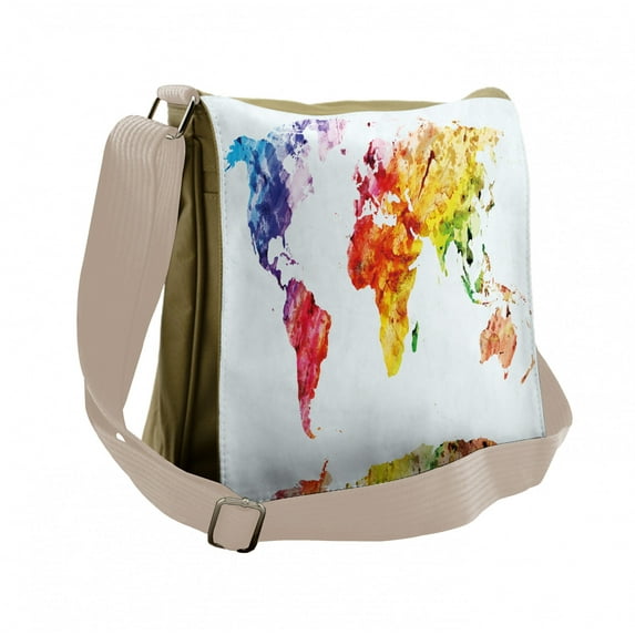Colorful Messenger Bag, World Map Grunge Style, Unisex Cross-body, by Ambesonne
