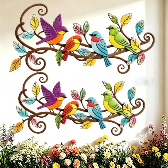 Colorful Metal Bird Wall Decor for Outdoor Patio, Metal Wall Art Decor Birds on Branch, 3D Colorful Bird Outdoor Hanging Art Patio Fence Decorations for Living Room Balcony(2pcs)