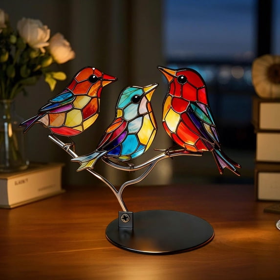 Colorful Metal Birds Decor – Stained Glass Branch Desktop Ornament, Whimsical Bird Sculpture, Elegant Artistic Gift for Home and Office B
