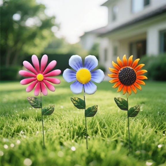 Colorful Metal Flower Garden Stakes, 3-Pack Decorative Outdoor Yard Art, Waterproof Floral Ornaments for Lawn, Patio, Flower Bed & Spring Decor