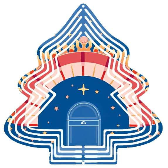 Colorful Metal Hanging Christmas Tree Wind Spinner - Festive Design with Concentric Circles Stars and Heart Crown for Garden Decor