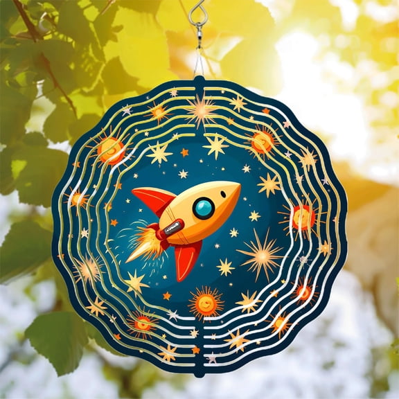 Colorful Metal Hanging Wind Spinners - Celestial Rocket Design for Yard & Garden - Unique Wind Chimes with Stars & Planets
