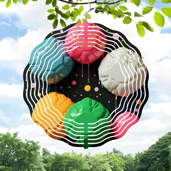 Colorful Metal Hanging Wind Spinners & Chimes - Vibrant Brain Design with Wavy Neural Pathways for Yard & Garden Decor