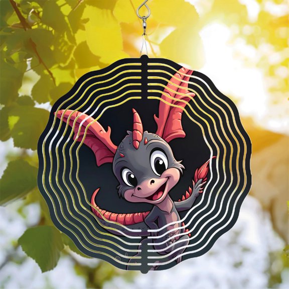 Colorful Metal Hanging Wind Spinners & Chimes - Whimsical Dragon Design with Cheerful Expressions for Yard & Garden Decor