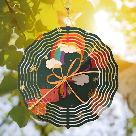 Colorful Metal Hanging Wind Spinners with Rainbow Design Fluffy Clouds & Gift Boxes - Elegant Yard & Garden Decor