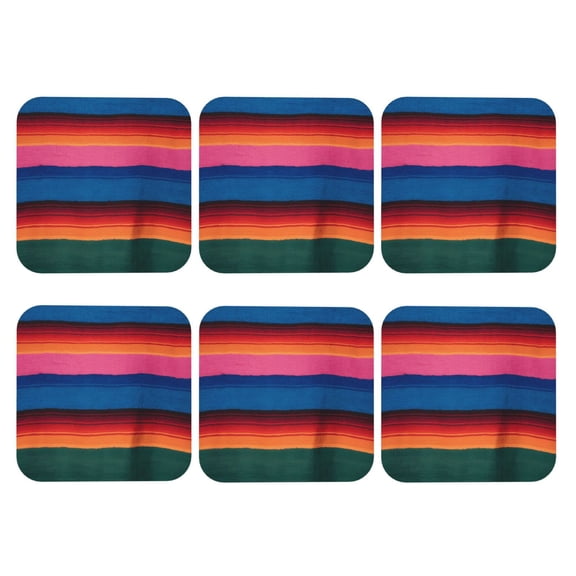Colorful Mexican Blanket Stripes Set of 6 Faux Leather 4 Inch Coasters Drinks Tabletop Home Dinning Square