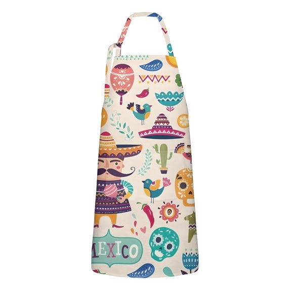 Colorful Mexican Elements Apron-Garden Aprons for Women with Pockets-Cotton Linen Waterproof Kitchen Cooking Gardening Aprons Adjustable for Kitchen,Cooking,BBQ and Salon 32"x27"