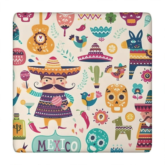 Colorful Mexican Elements Square Fitted Tablecloth with Elastic Edge,Square Table Cover,Washable Elastic Table Cover for Home Kitchen Party Decor 34"x34"