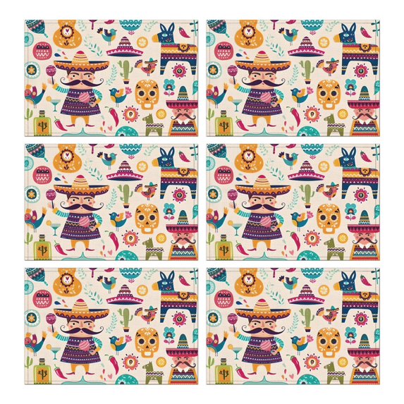 Colorful Mexican Elements Summer Placemats Table Placemats Set Of 6-Linen Kitchen Washable Placemats Table Mats 11.8"x17.7" Non-Slip Heat Resistant