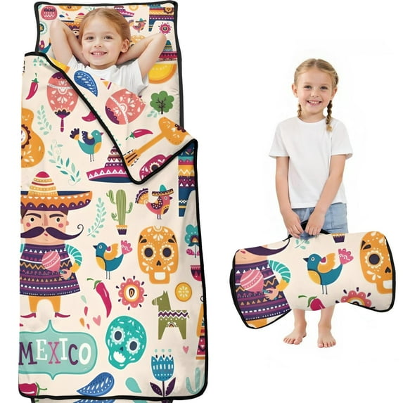 Colorful Mexican Elements Toddler Nap Mats for Kids Preschool,59"x22" Sleeping Mat Bag or Kids,Toddler Sleeping Bag,Toddler Nap Mat or Daycare