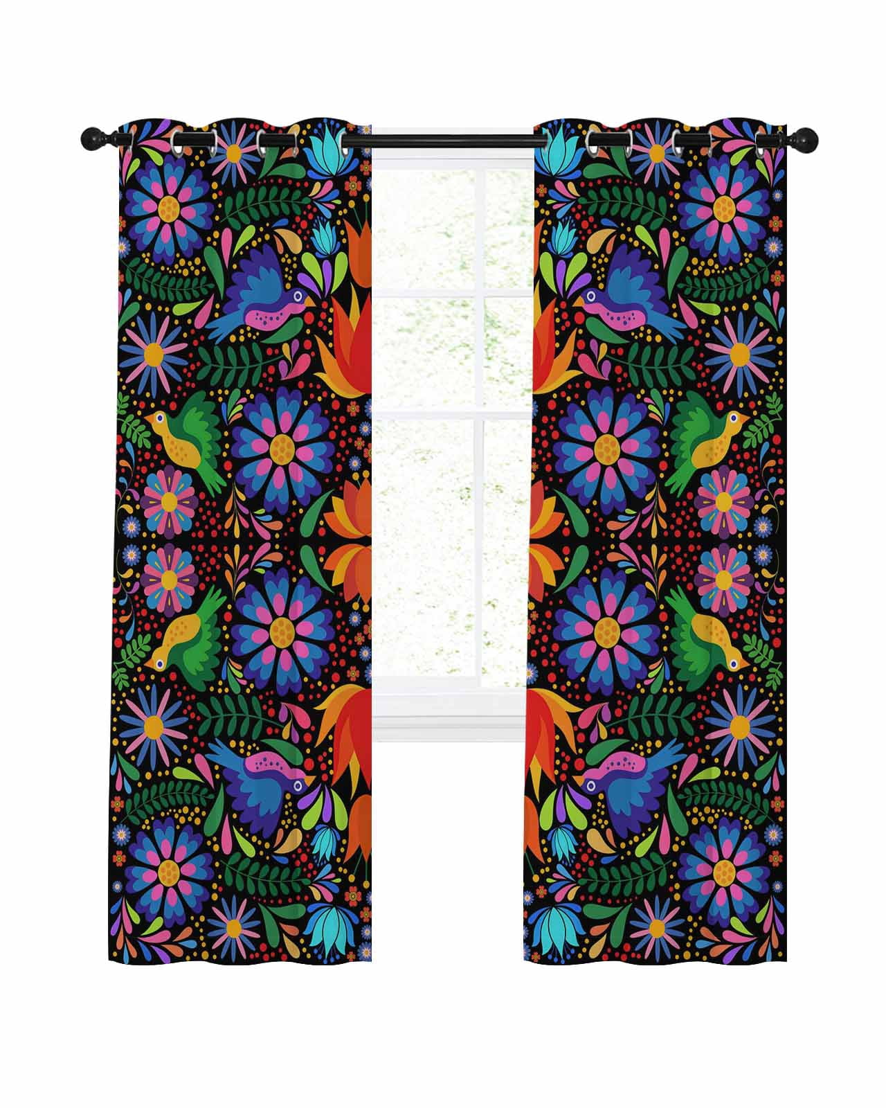 Colorful Mexican Floral Blackout Curtains for Bedroom Living Room, Bird ...