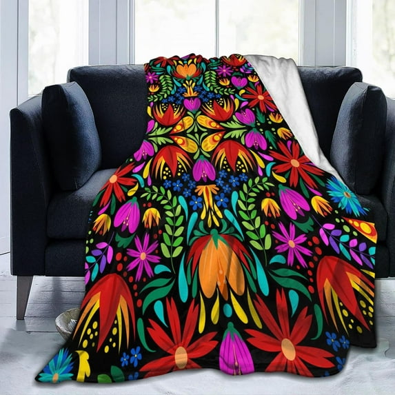 Colorful Mexican Floral Blanket, Flannel Blanket Fluffy Cozy Fuzzy Throws Non-Shedding for Nap Bed Sofa Couch Home Decor
