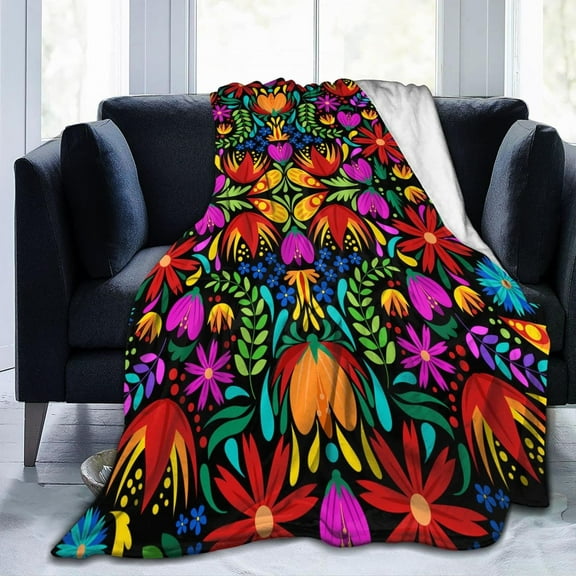 Colorful Mexican Floral Blanket, Flannel Blanket Fluffy Cozy Fuzzy Throws Non-Shedding for Nap Bed Sofa Couch Home Decor