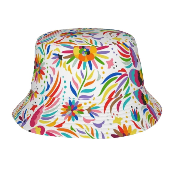 Colorful Mexican Floral Ethnic Art Birds Paisley Bucket Hat, Packable Fisherman Sun Cap, Foldable UV Protection for Fishing Beach Hiking Camping