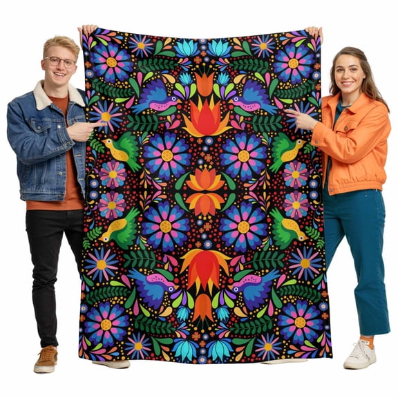 Colorful Mexican Floral Flannel Blanket for Bed,Travel and Camping, Bird Rustic Assorted Flower Super Soft Cozy Blanket for All Seasons 30"x40"