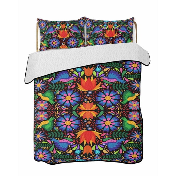 Colorful Mexican Floral Quilts Bedding Set California King Bird Rustic Assorted Flower Lightweight Quilted Bedspread 3 Piece Bed Quilt with 2 Pillow Shams All Season for Bedroom 96" x 106"