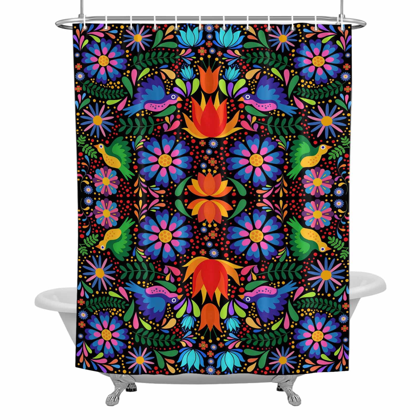 Colorful Mexican Floral Shower Curtain for Bathroom, Bird Rustic