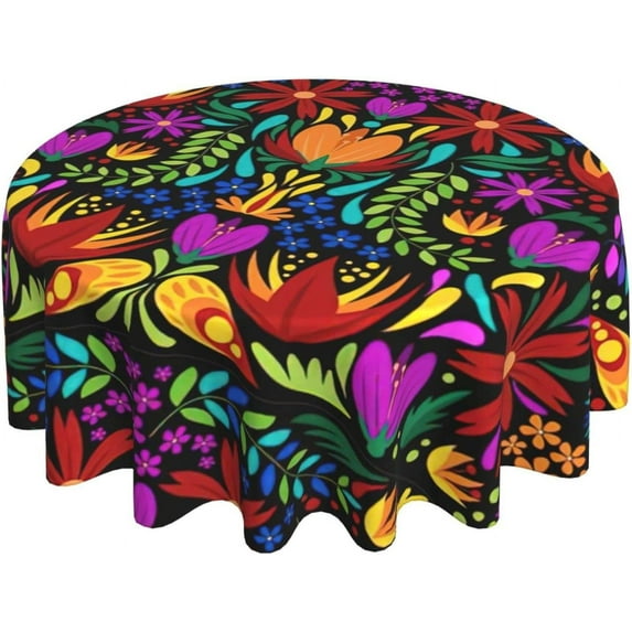 Colorful Mexican Floral Tablecloth Round Table Cover Washable Polyester Table Cloth for Kitchen Party Picnic Dining Decor 60 Inch