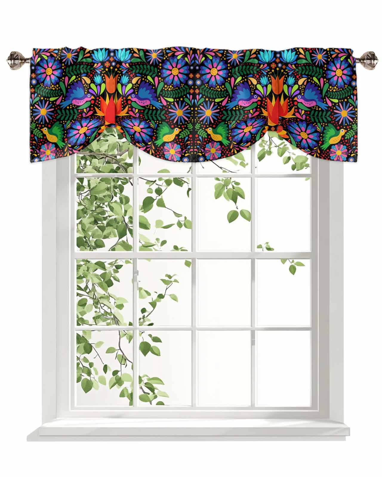 Colorful Mexican Floral Tie Up Valances Curtain, Adjustable Kitchen Bird Rustic Assorted Flower Valances for Windows Decor, Rod Pocket Short Curtains Set for Bedroom/Bathroom, 60"x18"