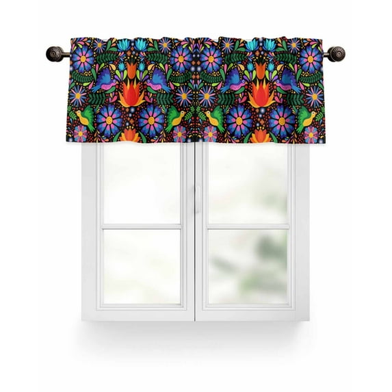 Colorful Mexican Floral Valances for Windows Bird Rustic Assorted Flower Valance Rod Pocket Light Filtering Short Window Treatments Curtains for Kitchen Bathroom Living Room Bedroom, 42 x 18 Inch